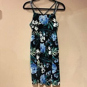 Old Navy Black Floral Midi Dress with Blue & Green Blooms